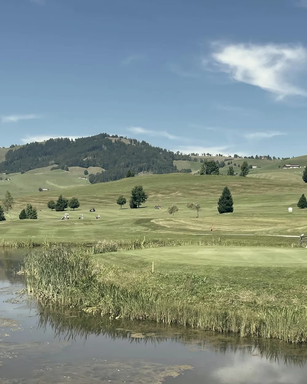 Golfplatz in hügeliger Voralpenlandschaft.